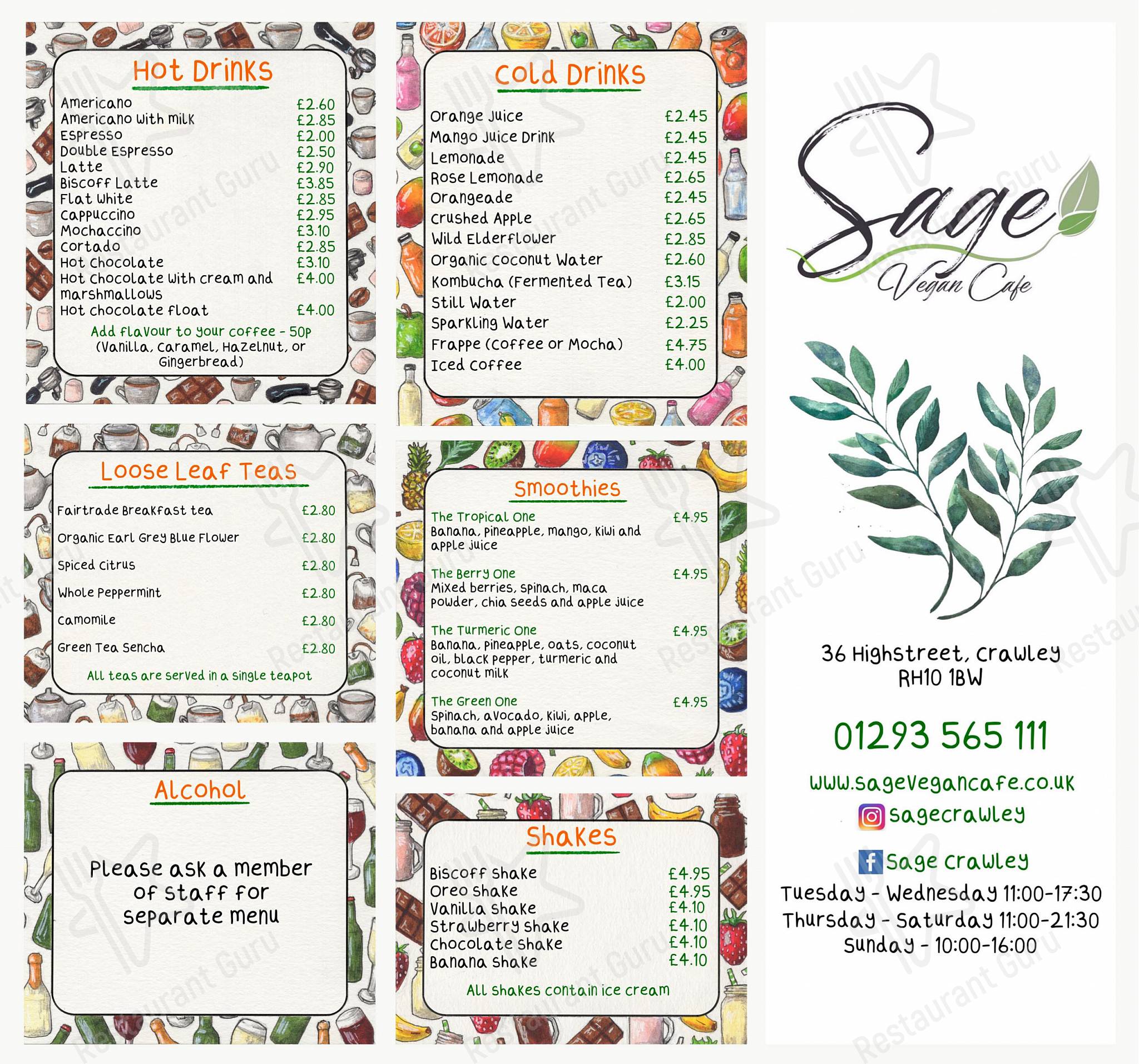 Menu at Sage vegan cafe, Crawley