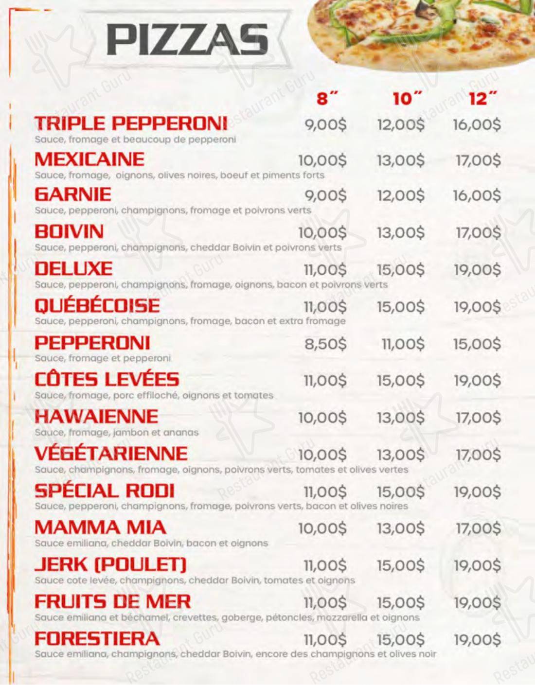 Menu pour Pizza Rodi Jonquière - plats et boissons
