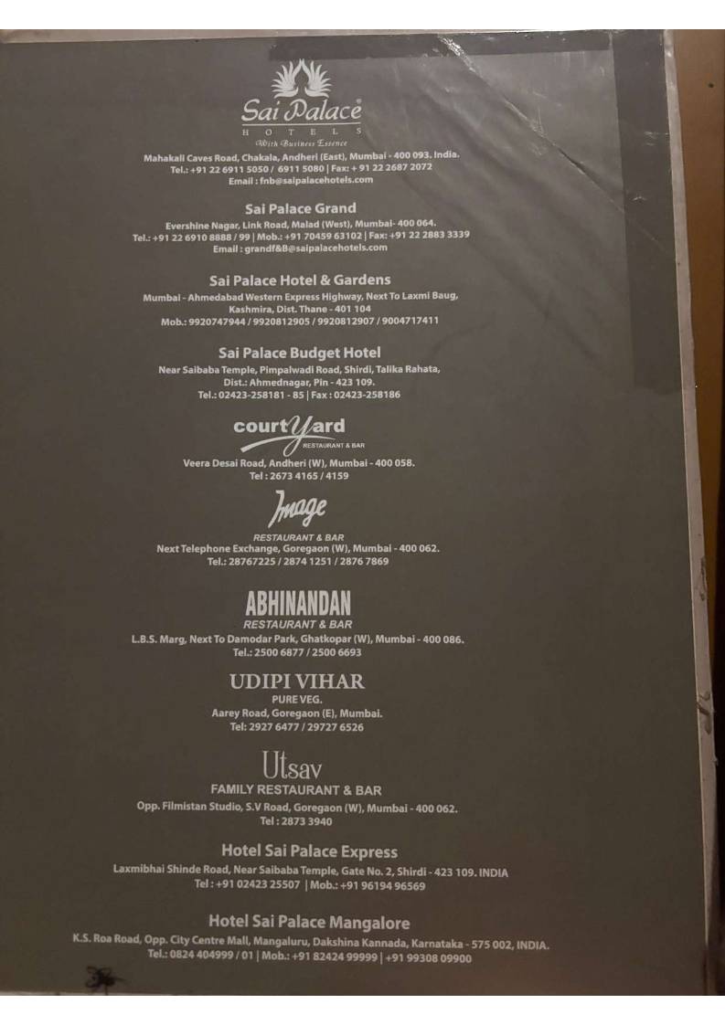 Sai Palace Hotel & Gardens menu
