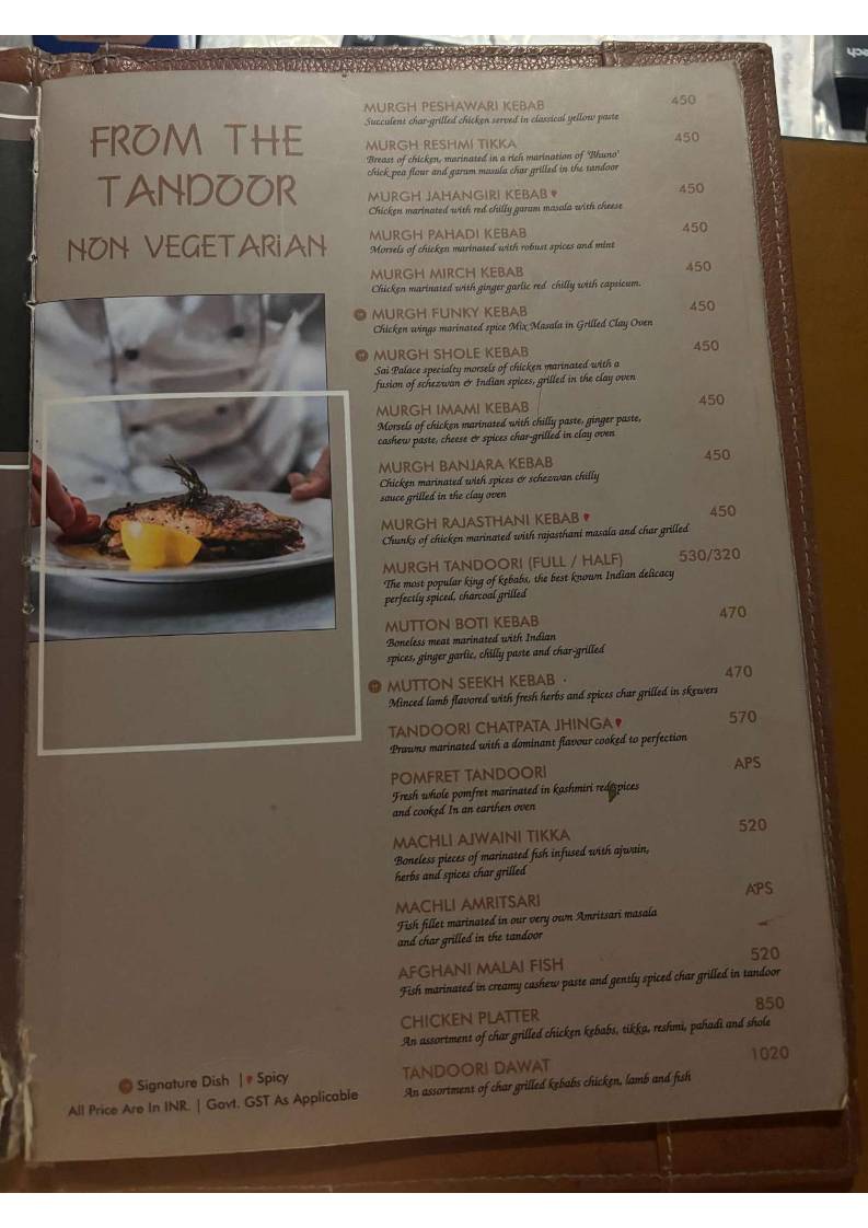 Sai Palace Hotel & Gardens menu