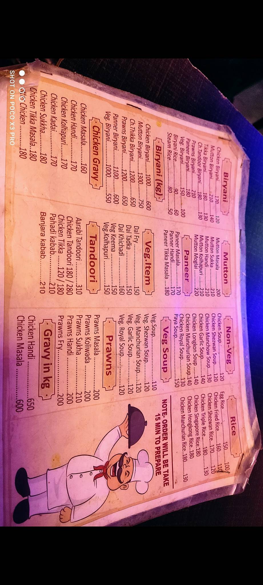 Salim Biryani menu