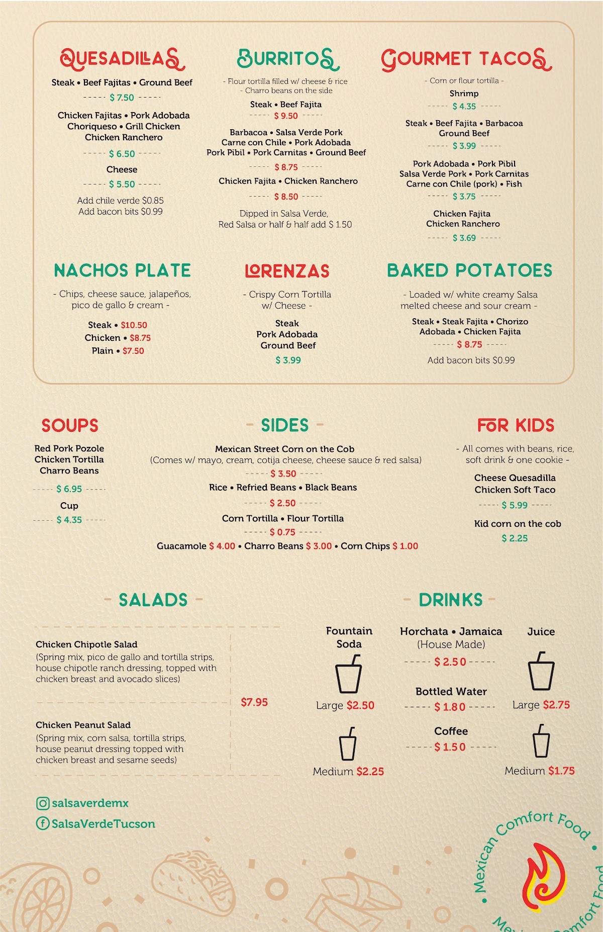 Menu at Salsa Verde Restaurant, Tucson, 210 N Pantano Rd