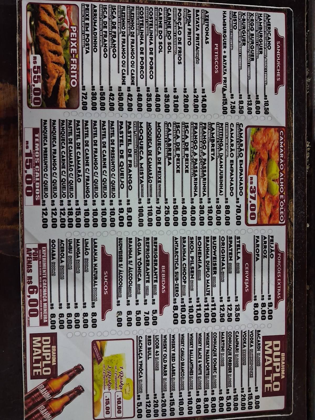 Bar Sol Brilhante (Bar das Putas) cardápio