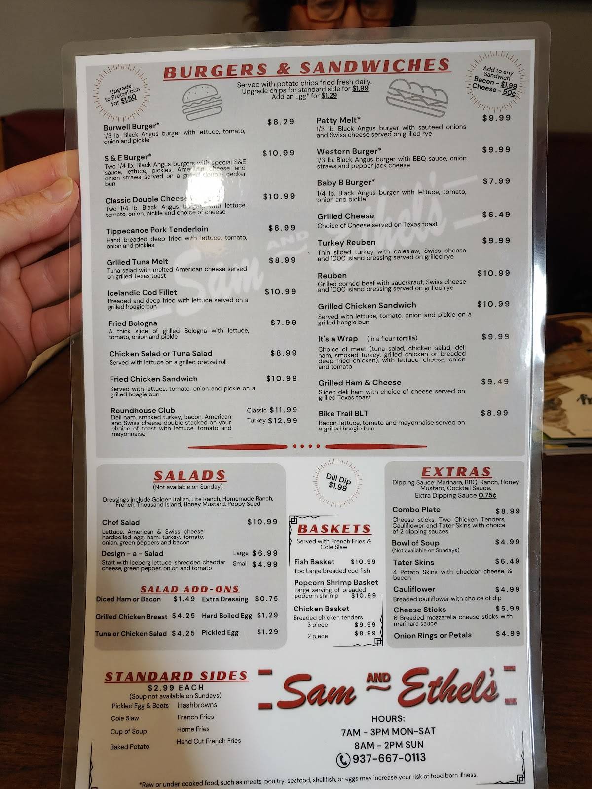 Menu at Sam and Ethel's restaurant, Tipp City