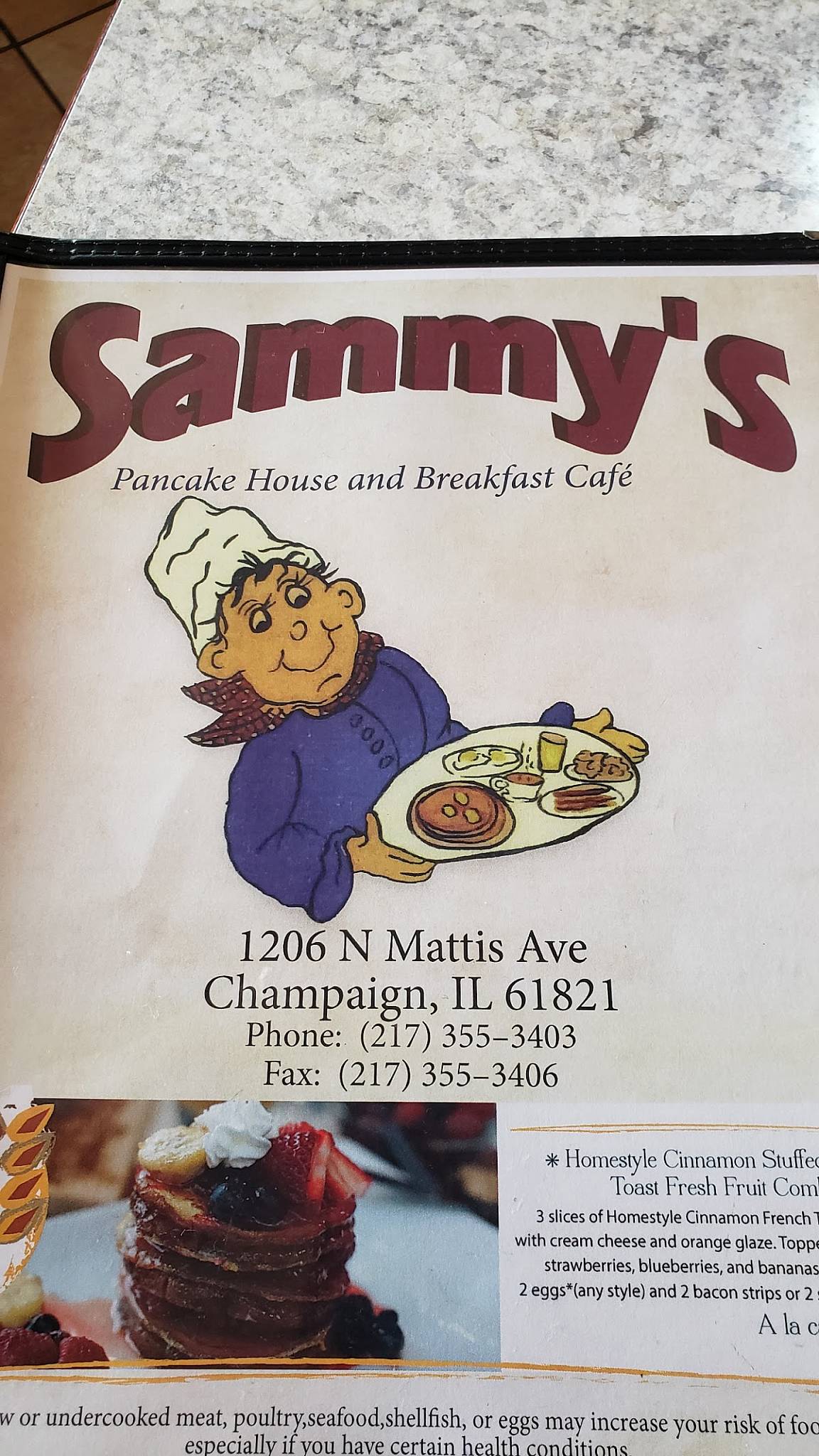 Menu at Sammy's Pancake House restaurant, Champaign