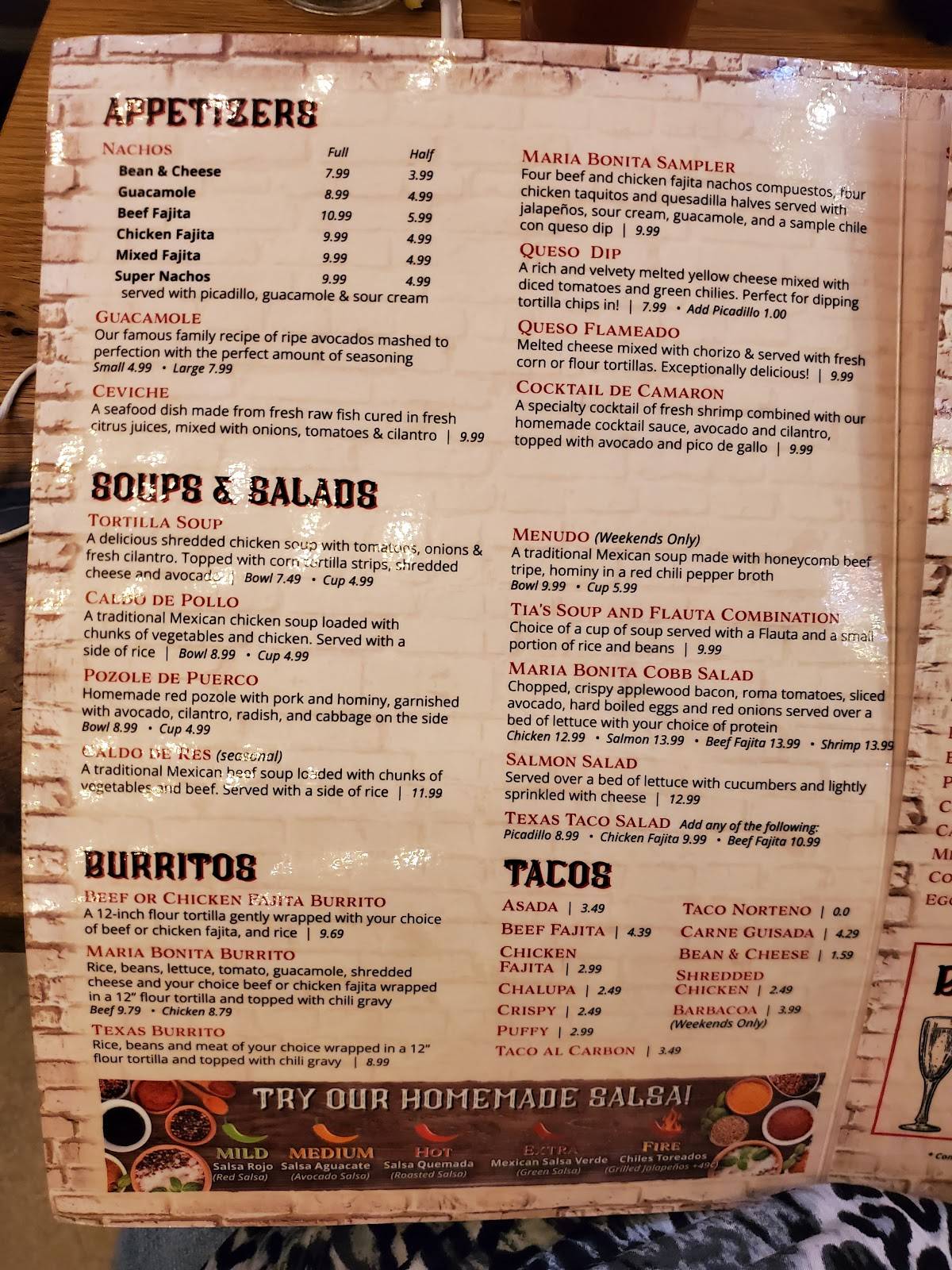 Menu at Maria Bonita Restaurant, San Antonio, 350 Northaven Dr