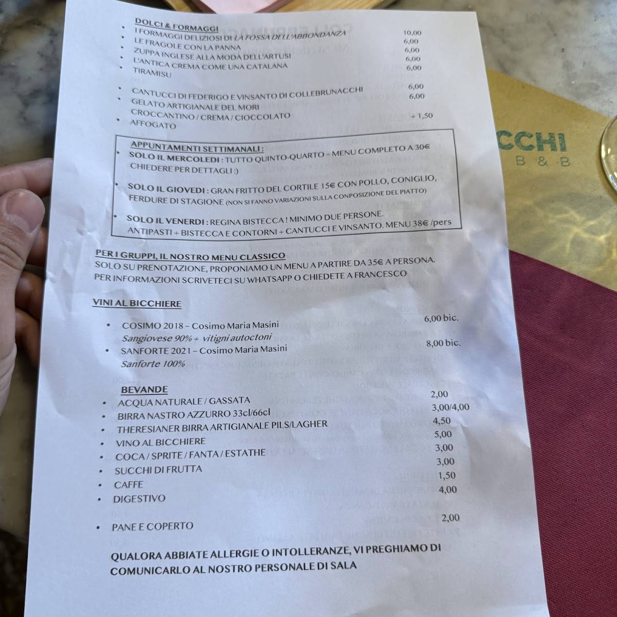 Menu di Collebrunacchi Ristorante B&B 