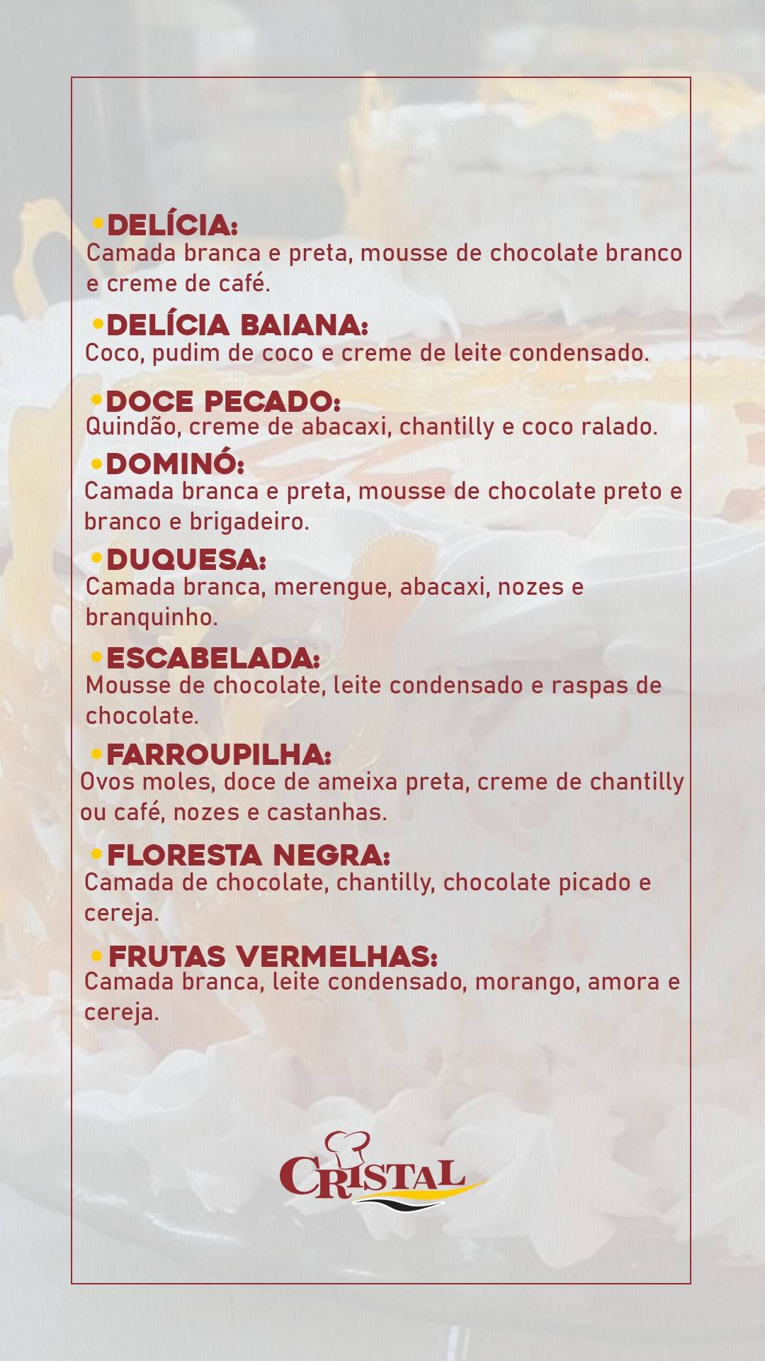 Panificadora Cristal cardápio