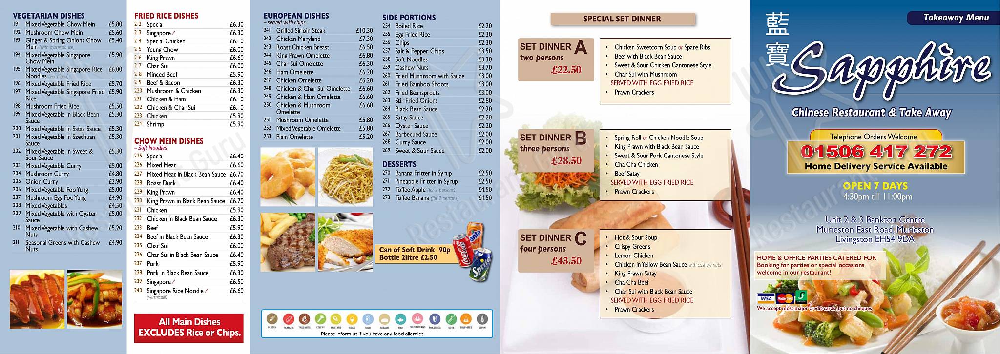Menu at Sapphire restaurant, Livingston