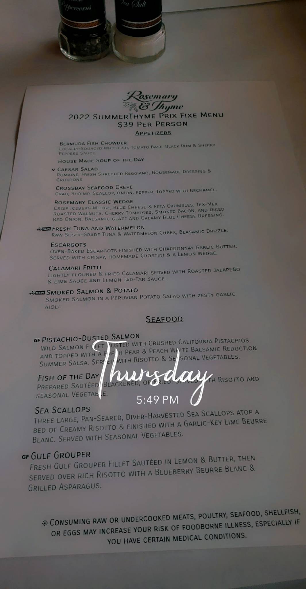 Menu at Rosemary And Thyme restaurant, Sarasota