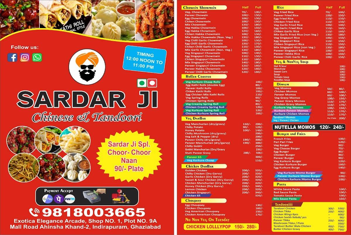 Sardar Ji Chinese & Tandoori menu