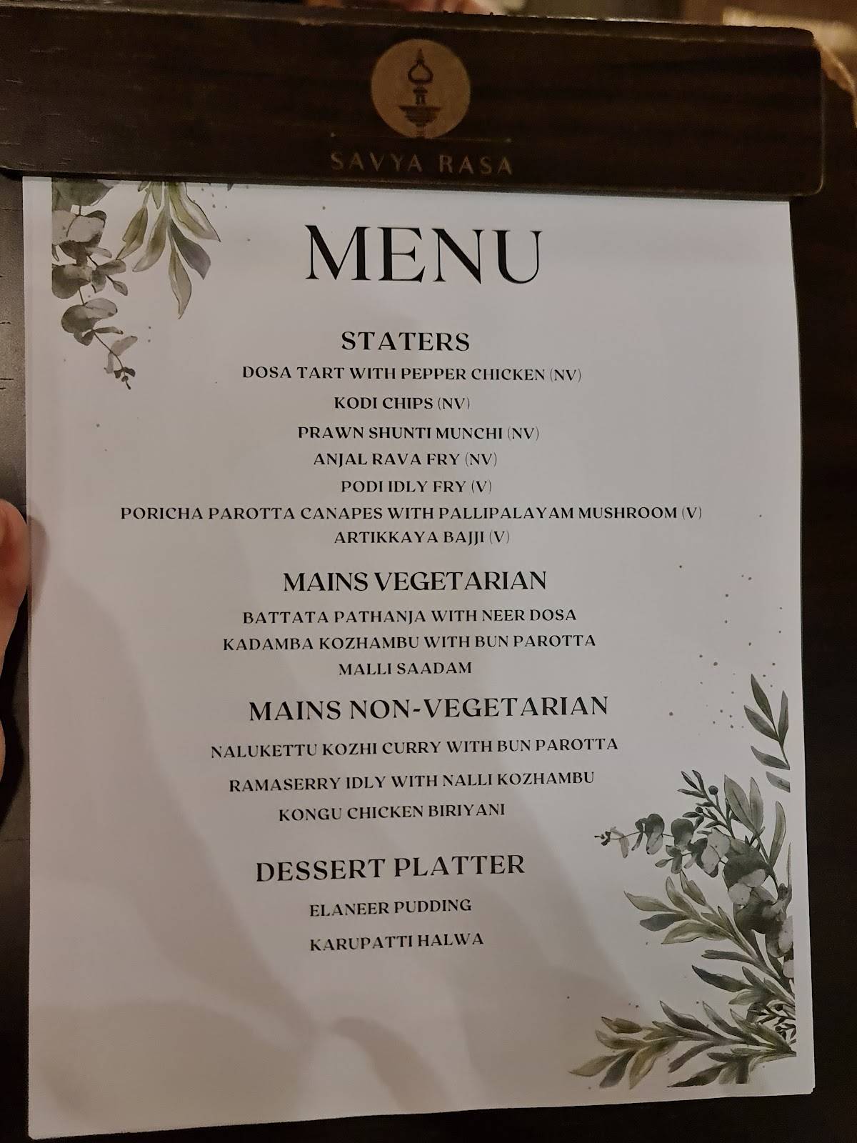 Savya Rasa menu