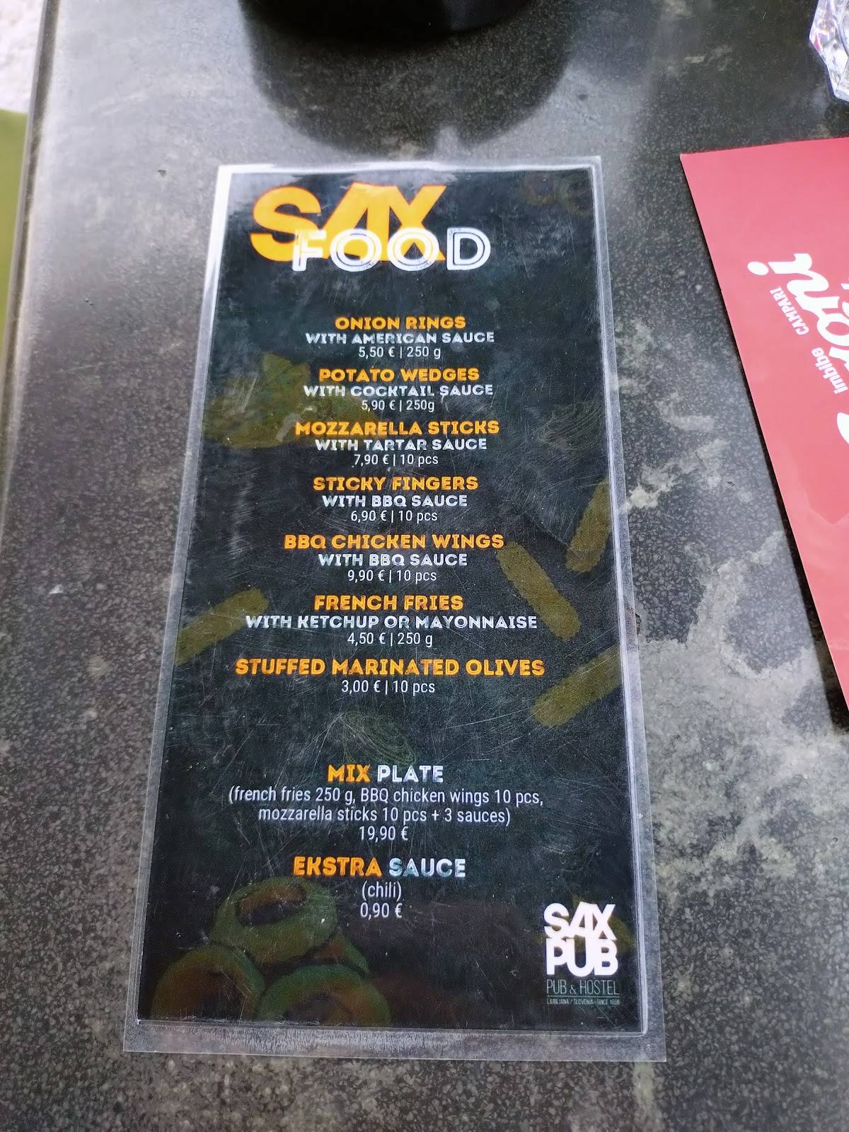 Menu di Sax pub 