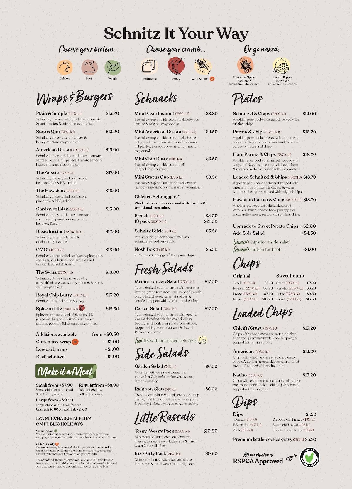 Menu at Schnitz Chadstone Village restaurant, Chadstone