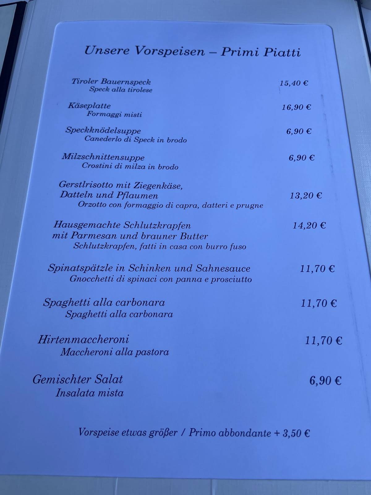 Menu di Schwarzer Adler 