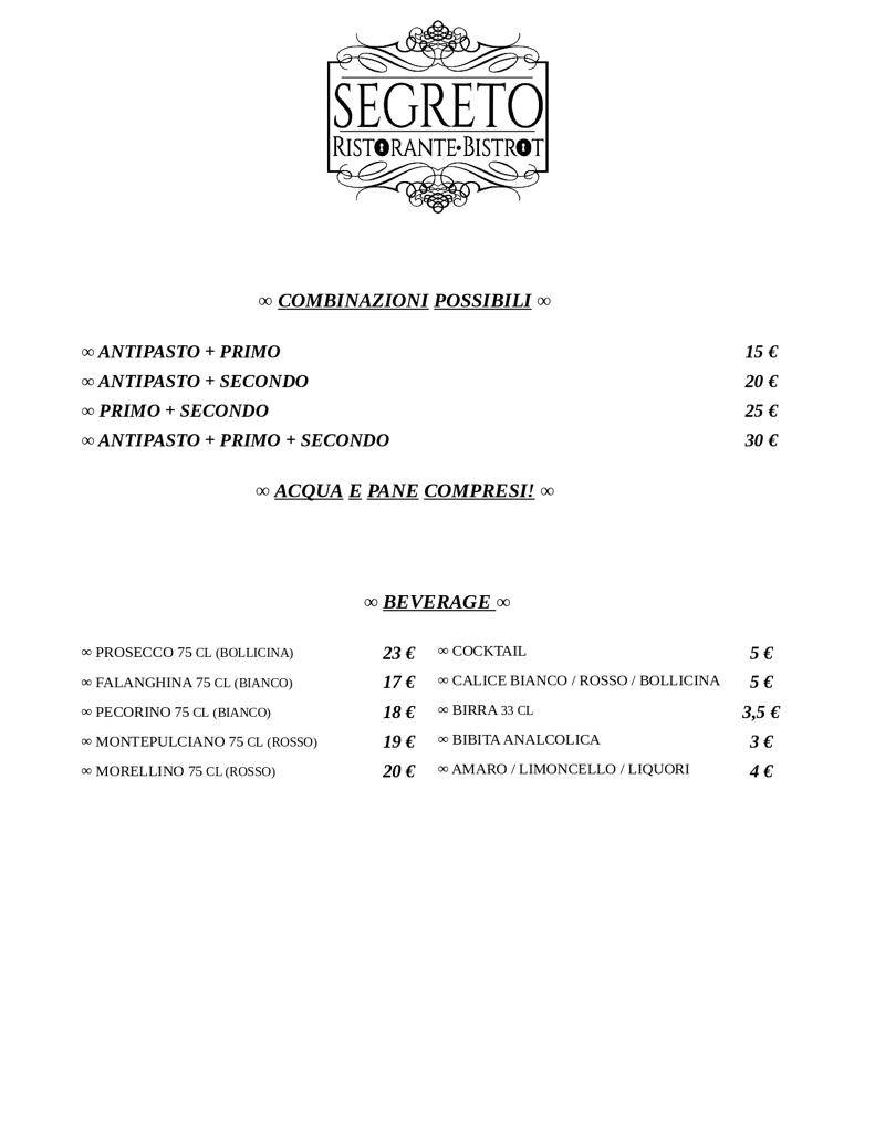 Menu di Segreto Ristorante Bistrot 
