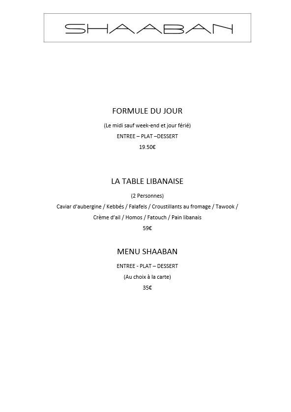 Menu de Shaaban restaurant