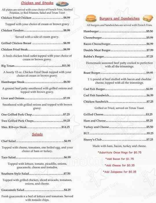 Menu at Sherry's Texan Seafood Restaurant, San Antonio, Pleasanton Rd