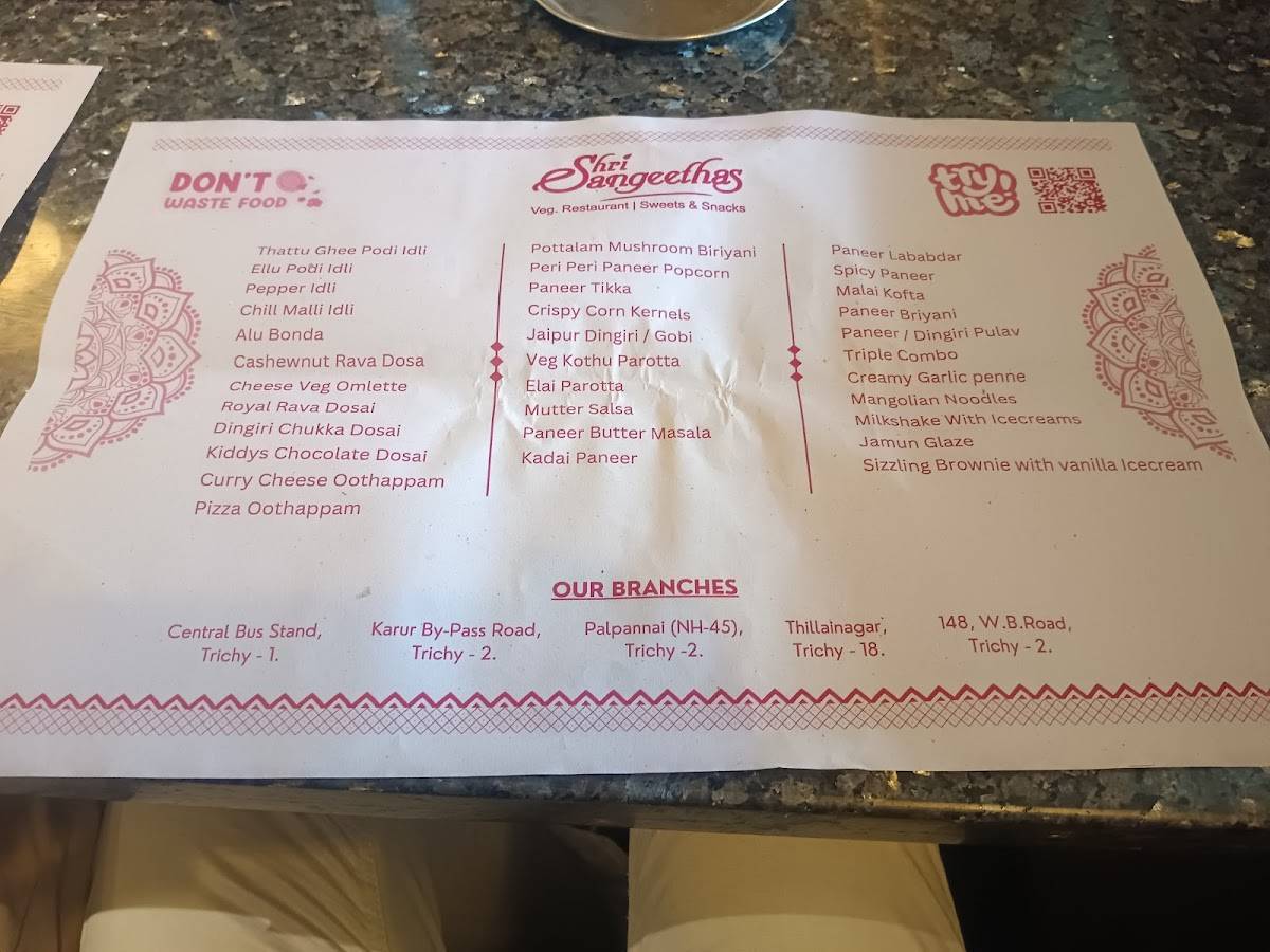 Shri Sangeethas (Chennai Bypass, Trichy) Veg. Restaurant Sweets Savouries menu