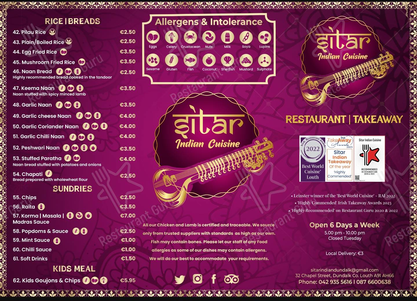 Menu at Sitar Indian Restaurant & Takeaway, Dundalk