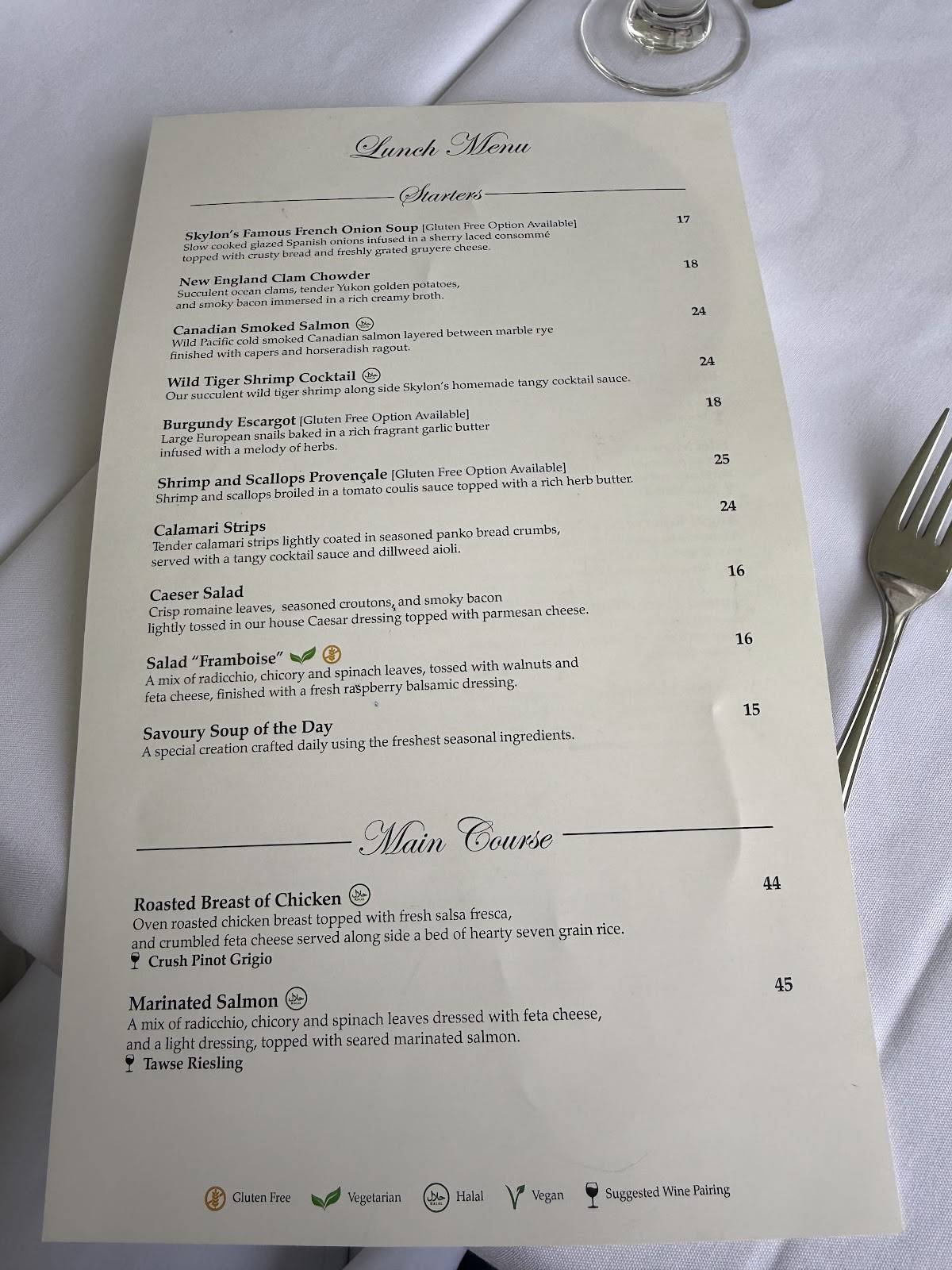 Menu de Skylon Tower Revolving Dining Room