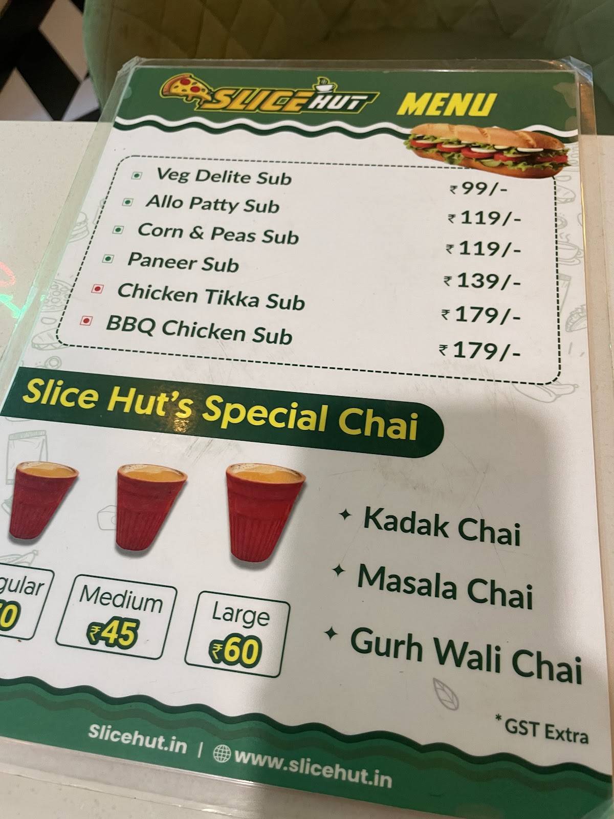 Slice Hut menu