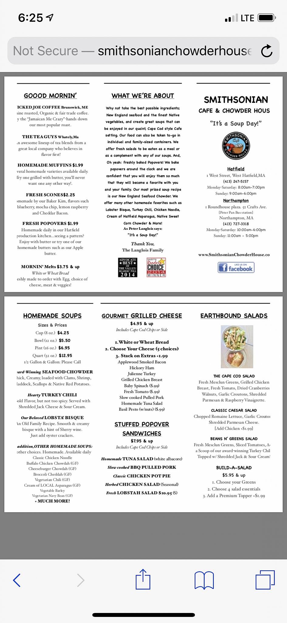 Menu at Smithsonian Cafe and Chowderhouse, Hatfield