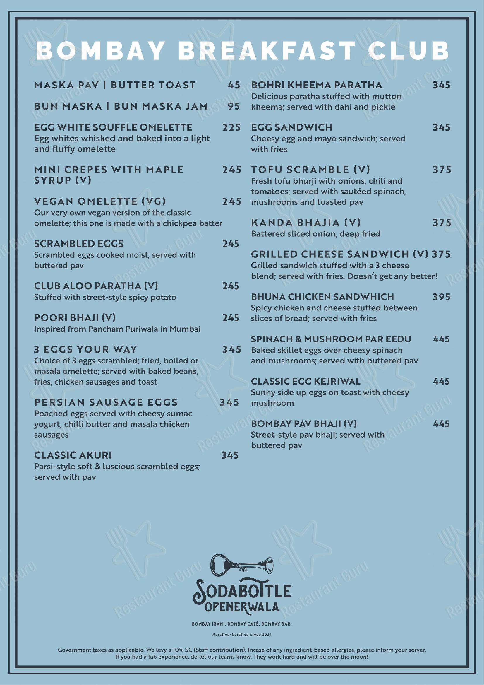 Dinner Menu for SodaBottleOpenerWala in Mumbai