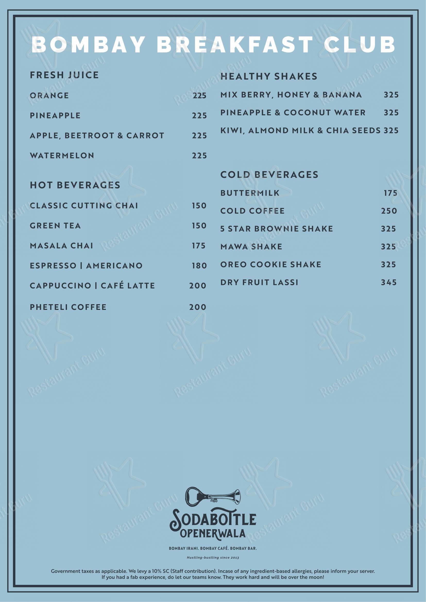 Dinner Menu for SodaBottleOpenerWala in Mumbai