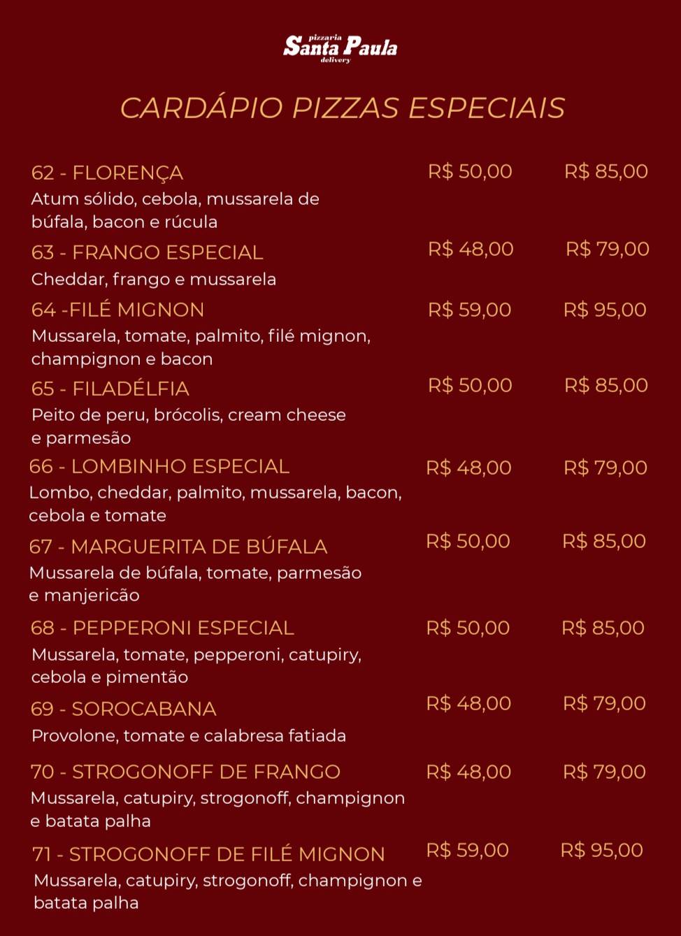 Pizzaria Santa Paula cardápio