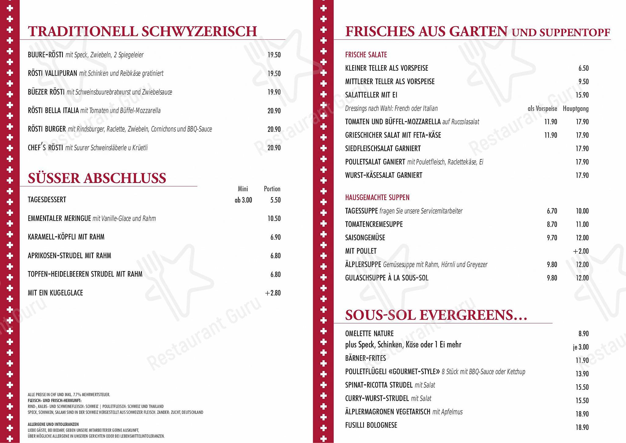 Menu bar per Le Sous Sol in Berna