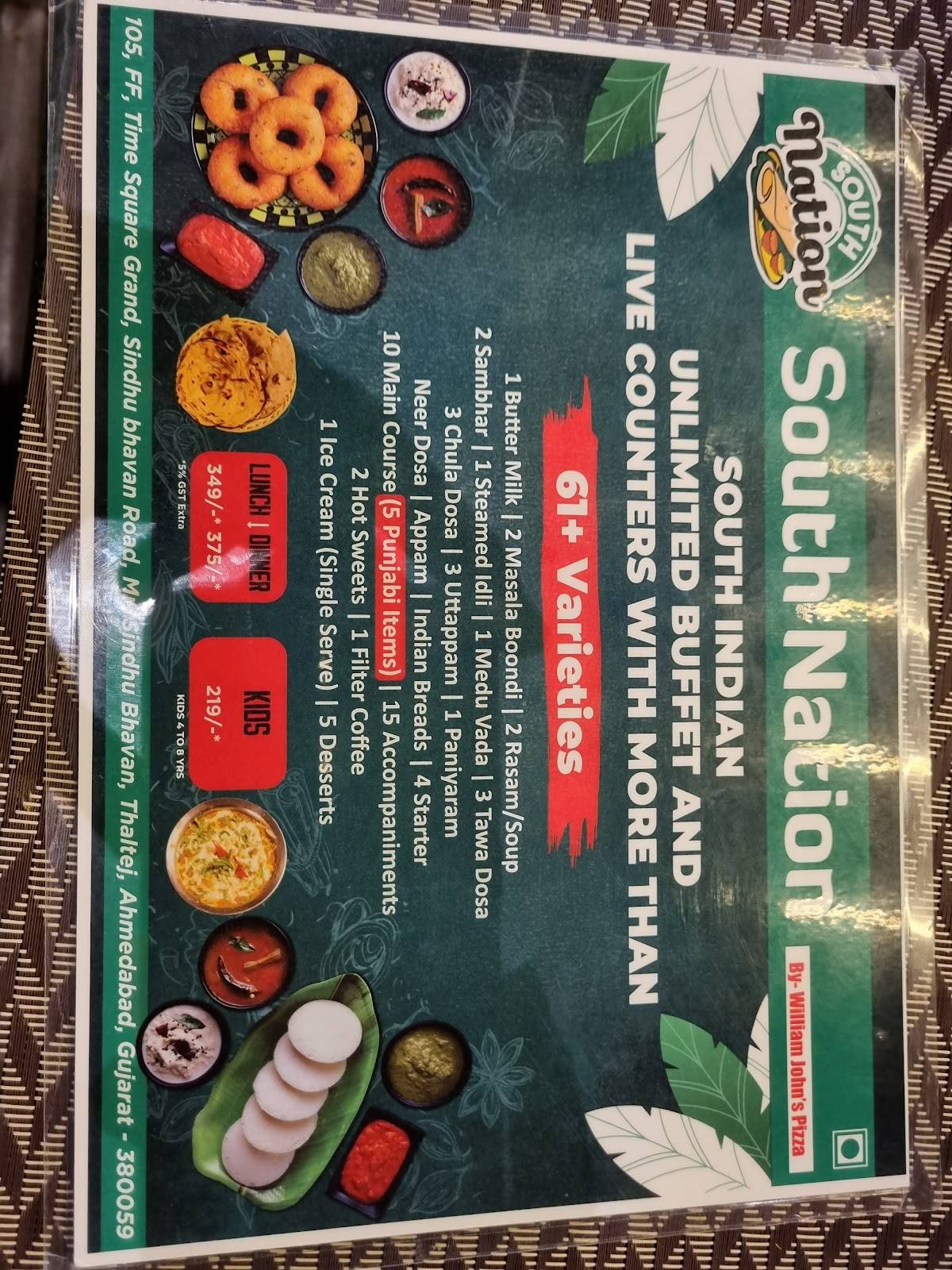 Menu at South Nation (Sindhu Bhavan Road), Ahmedabad
