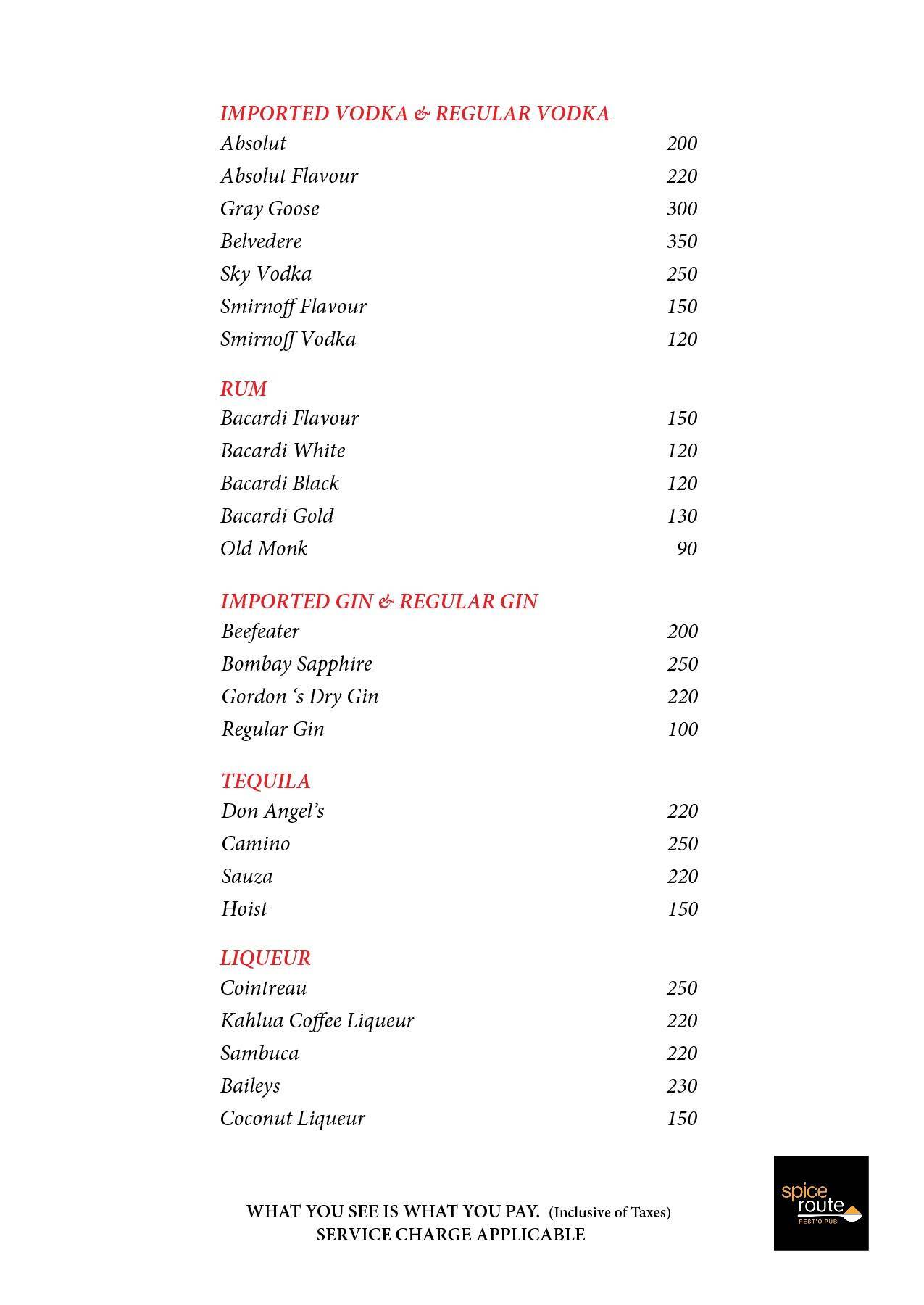 Spice Route Resto Pub menu