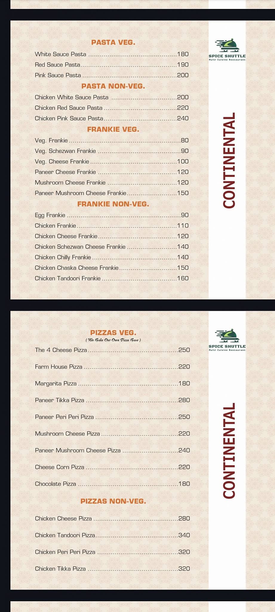 Spice Shuttle menu