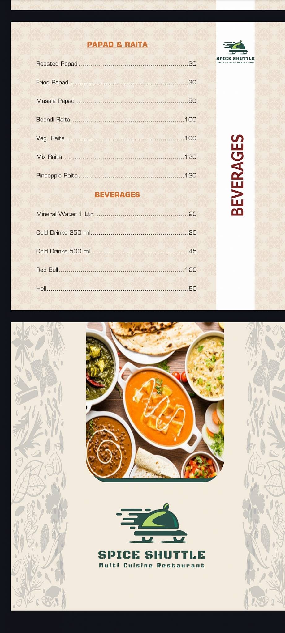 Spice Shuttle menu
