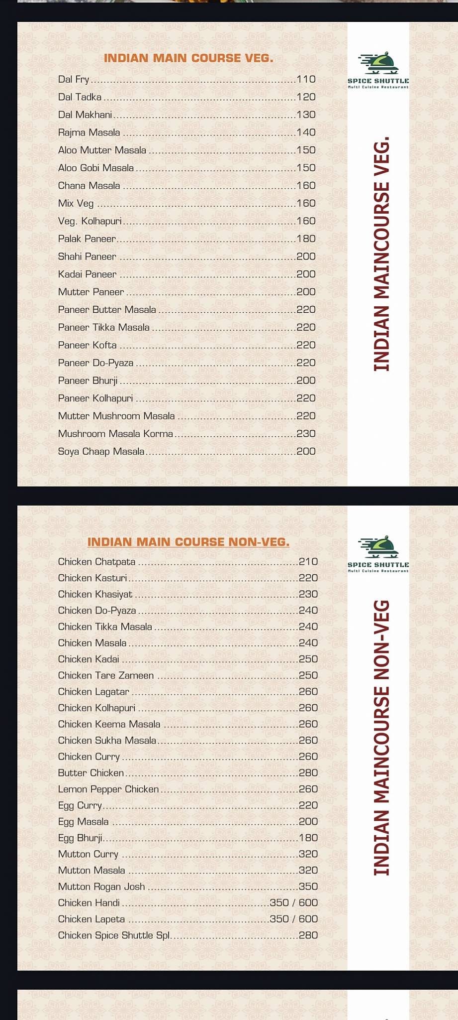 Spice Shuttle menu