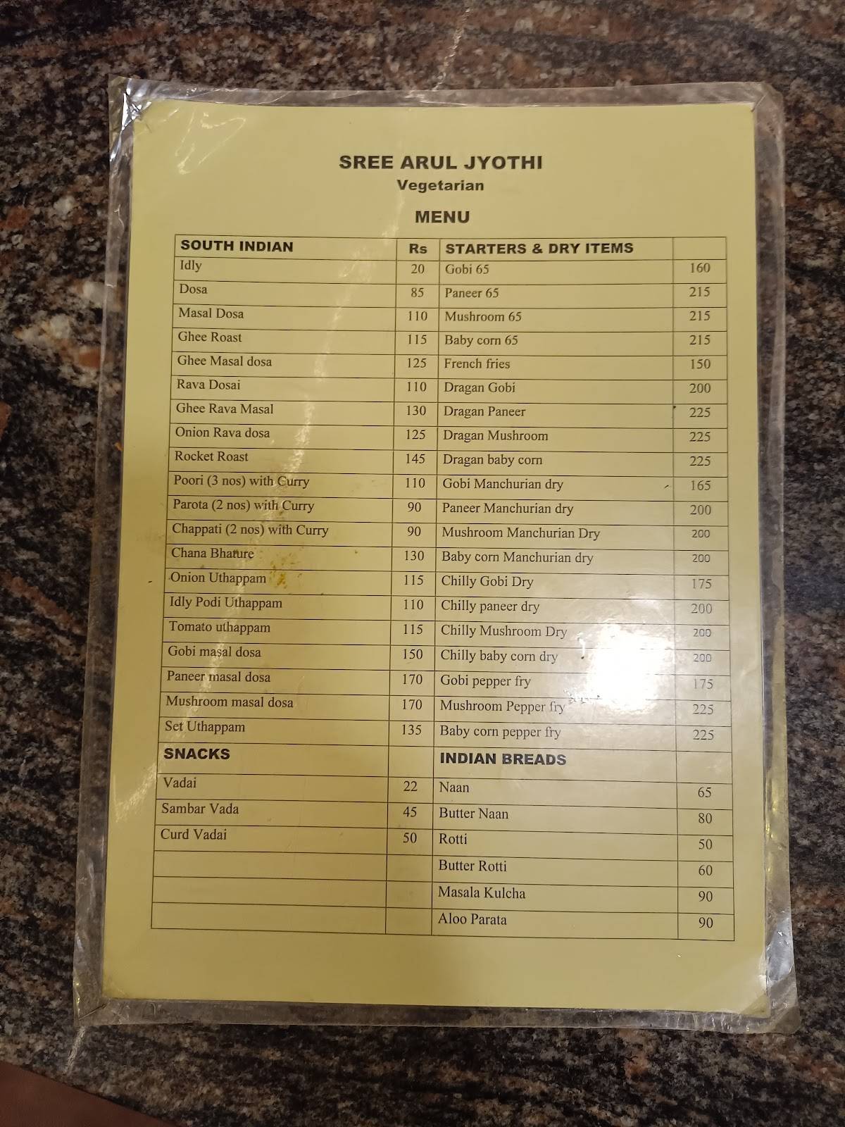 Sree Arul Jyothi (Veg Restaurant) menu