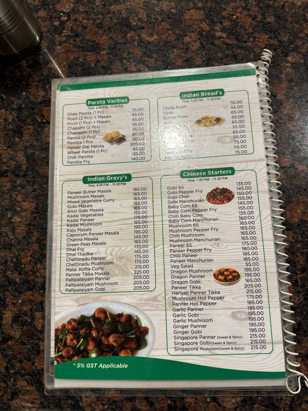 Sri Saravana Bhavan menu