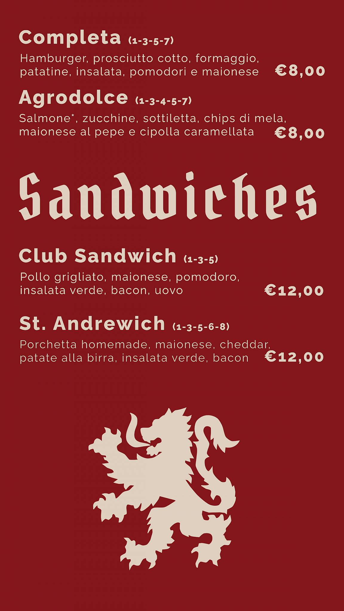 Menu di St. Andrew's vintage beer house 