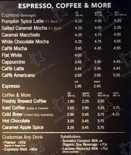 Starbucks menu