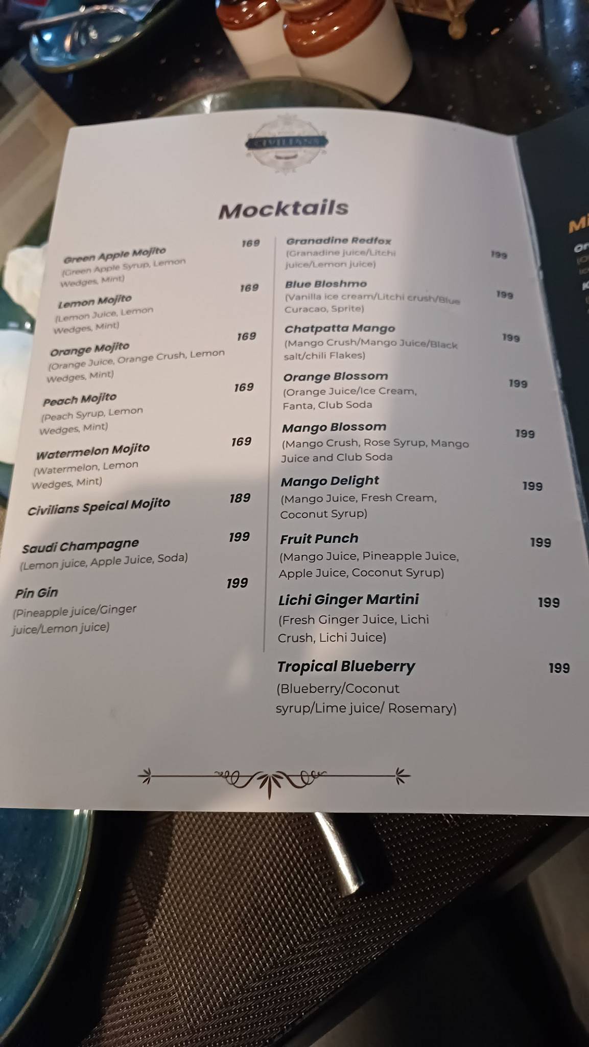 Starlit Civilians - Restaurant menu