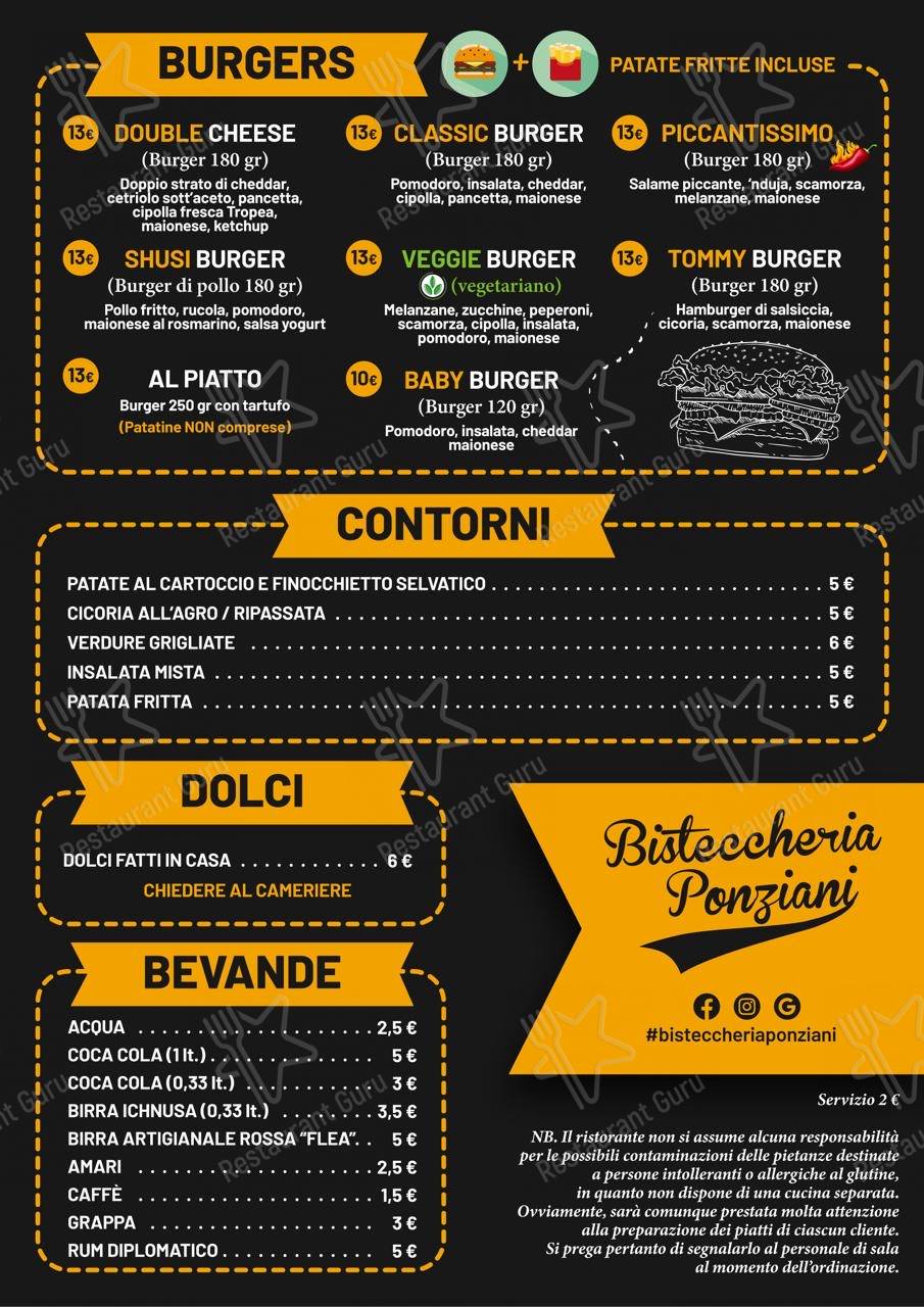 Menu di Bisteccheria Ponziani - pasti e bevande