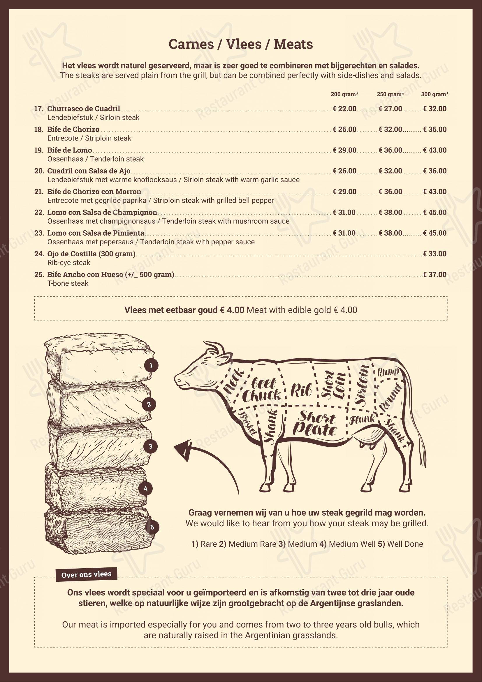 Menu pour Steakhouse Buenos Aires - Menu bar