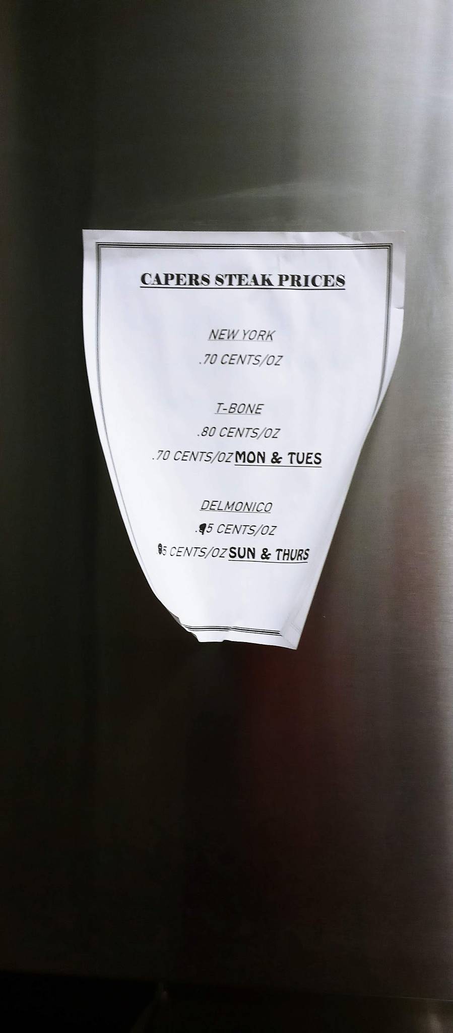 Menu at Capers steakhouse, Detroit