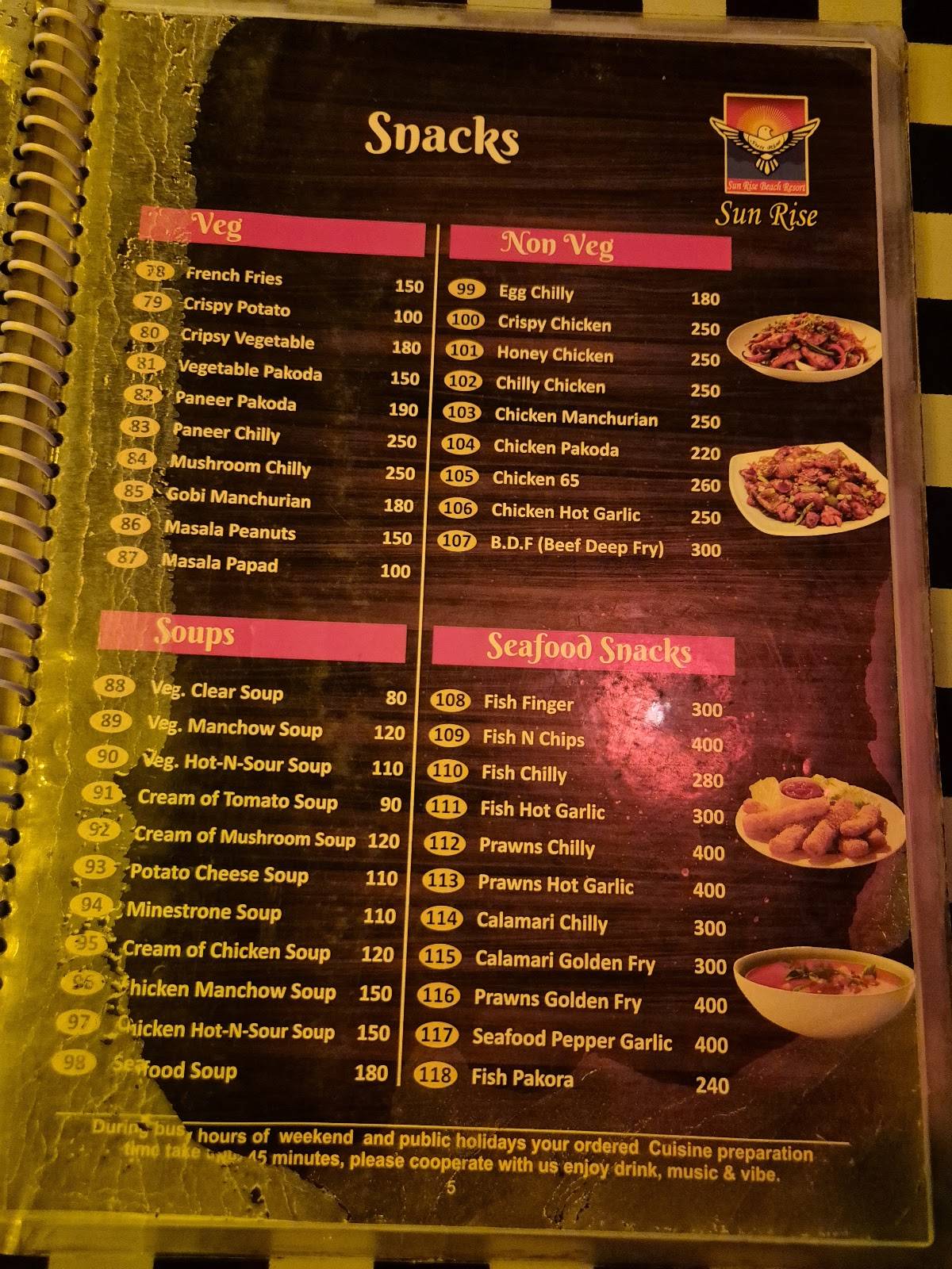 Sun Rise Restaurant menu