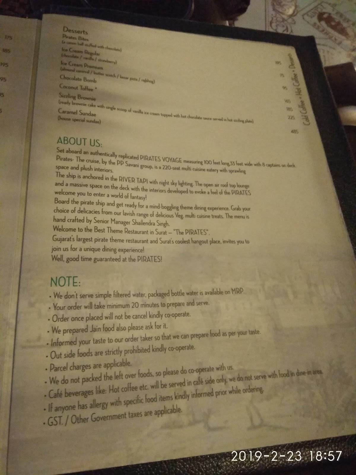 Pirates Voyage menu