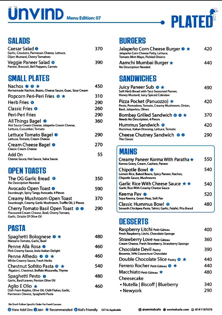 Unvind Cafe menu