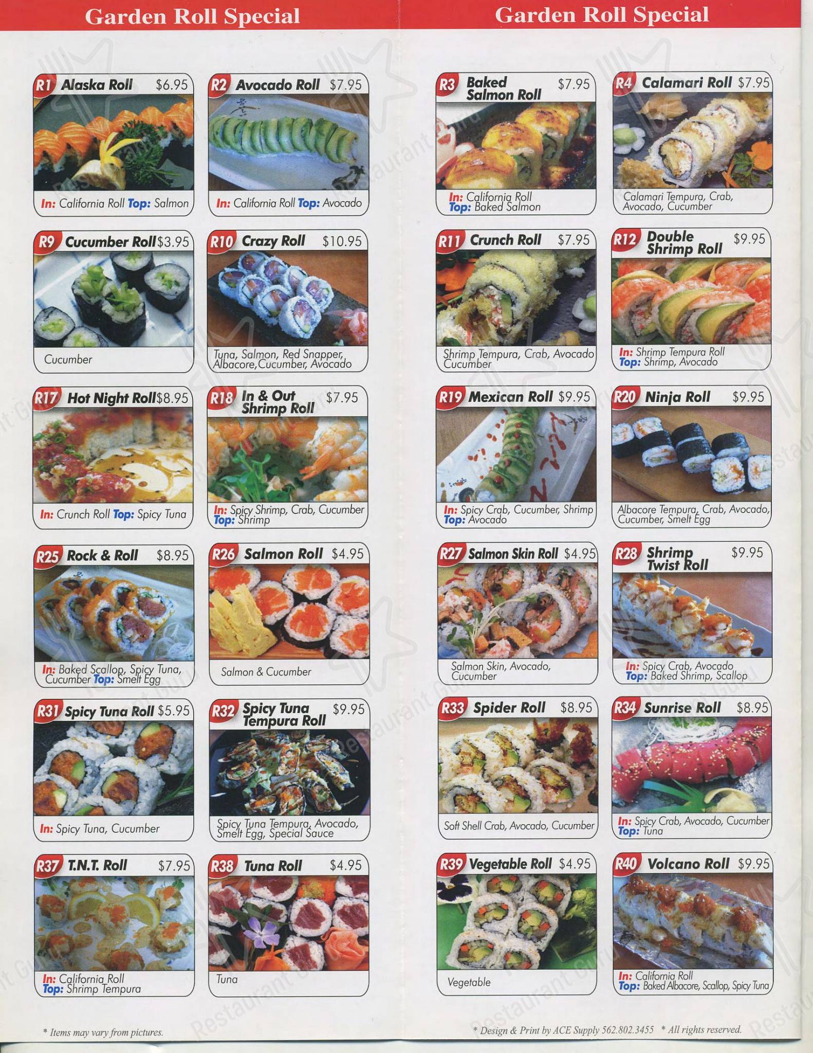 Menu at Sushi Garden restaurant, Pueblo