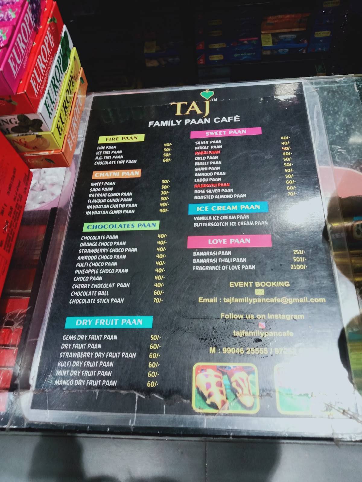 TAJ FAMILY PAAN CAFE menu