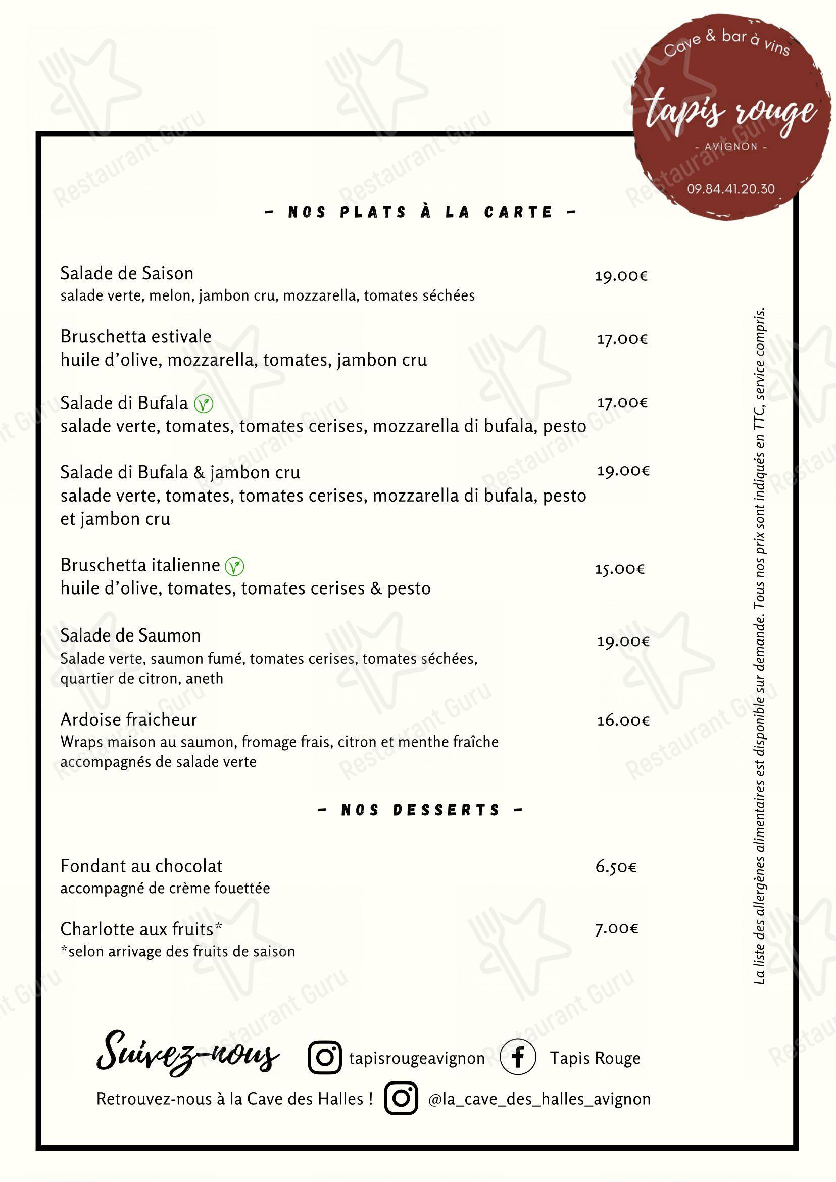 Menu bar pour TAPIS ROUGE dans Avignon